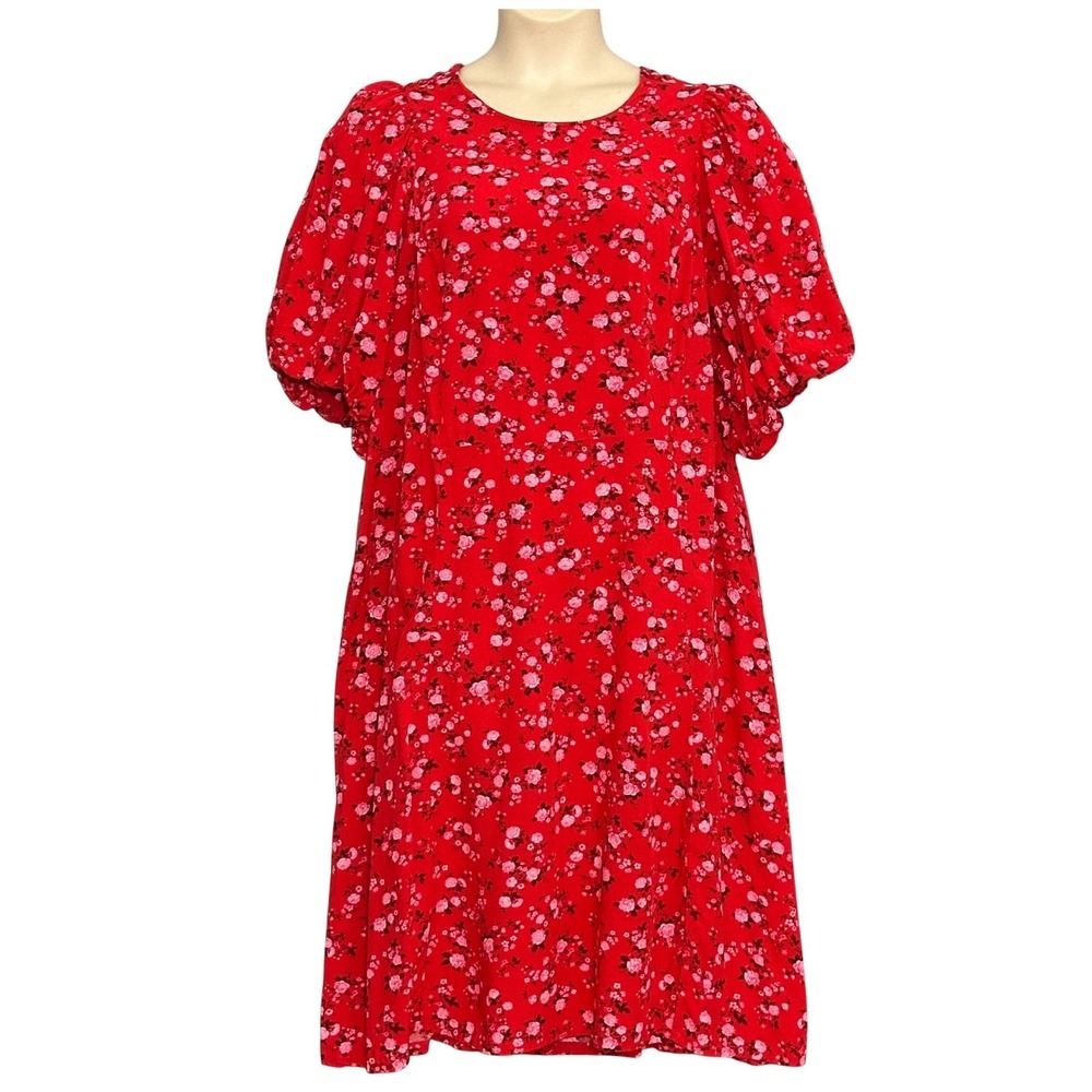Old Navy Women Dress 3X Plus Red Pink Floral Puff Sleeve Smocked Cottage Peasant